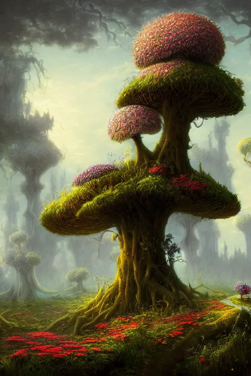 Image similar to a beautiful digital illustration painting of a detailed gothic fantasy sparkles and overgrown roots, dark mushroom, flowers by benoit b. mandelbrot, steven belledin, martin johnson heade, lee madgwick, caspar david friedrich, and david rios ferreira. 8 k resolution trending on artstation concept art digital illustration