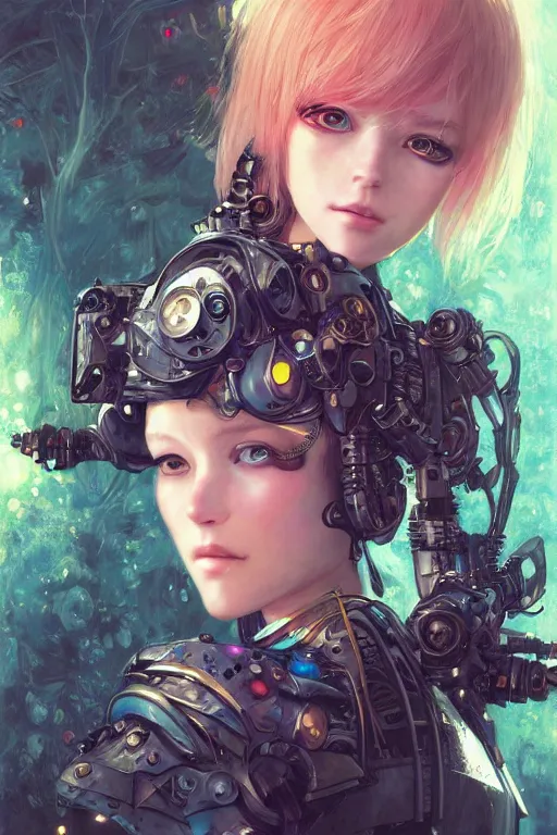 Image similar to portrait of beautiful young fairy cyborg, cyberpunk, Warhammer, highly detailed, artstation, illustration, art by Gustav Klimt and Range Murata and Ilya Kuvshinov and Sakimichan