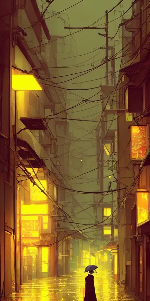 Image similar to tokyo alleyway, rainy day, lights, by cory loftis, makoto shinkai, hasui kawase, james gilleard, beautiful, serene, peaceful, lonely, golden curve composition