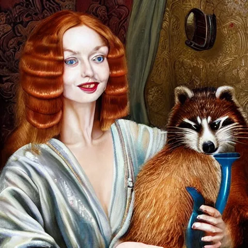 Prompt: a stunning hyper-detailed photorealistic painting of one slender beautiful smiling woman with long ginger hair and bangs, wearing a luxurious silk robe, wearing headphones and posing with her large ginger tabby cat and her raccoon and parrots in an overstuffed easy chair in her sunlit victorian living room, holding a porcelain parrot-shaped coffee mug and a donut, perfect eyes, fashion photography, cinematic lighting, octane render, IBEX Masters, unreal engine, 85 mm lens