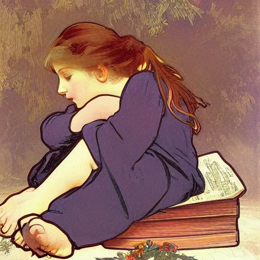 Prompt: a little girl sitting on a pile of books reading a book. beautiful painting with high quality detailed face by alphonse mucha. flat colors, plain white background