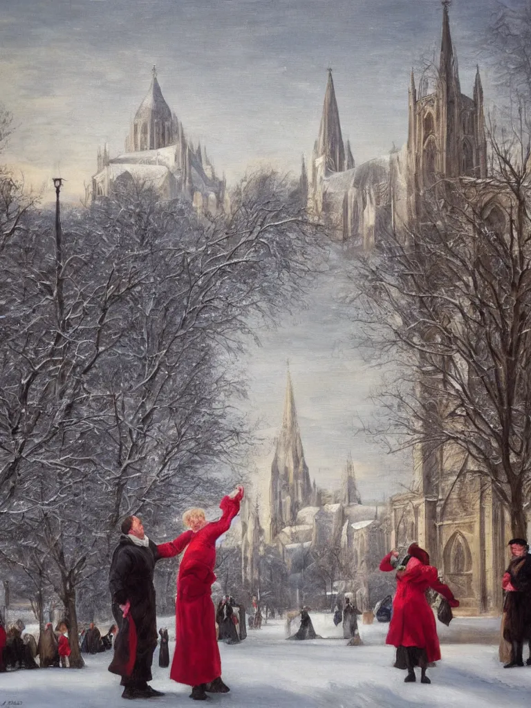 Prompt: plastic lips spinning on the tip of the index finger hand pointing, cathedral covered in snow in background, oil painting, Rubens, subtle and compelling lighting