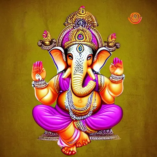 Prompt: Illustration of colorful hindu lord Ganesha on decorative background- Graphical modern art 3D