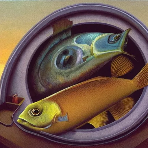 Image similar to a worried fish on the top of a pile of fish, all the fish are inside a cooking pot on the fire, side view, by vladimir kush, dystopian art, rococo