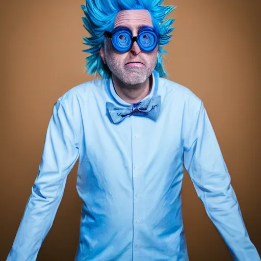 Prompt: portrait photo still of real life rick sanchez from rick and morty, blue hair, wild eyes, scientist outfit, 8 k, 8 5 mm f 1. 8