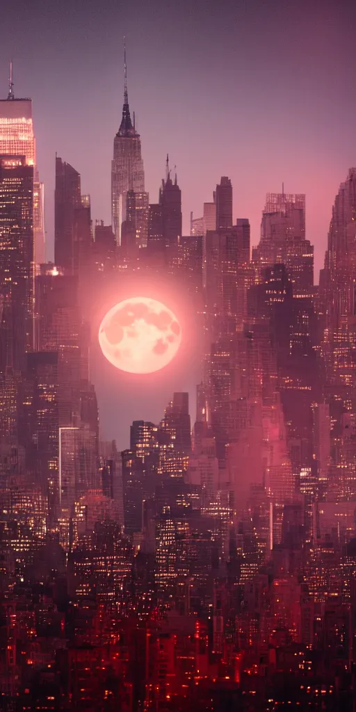 Prompt: a huge red moon above New York skyline, wide angle futuristic, cinematic feel, high octane, 4K, Unreal Engine, dramatic lighting, photorealistic