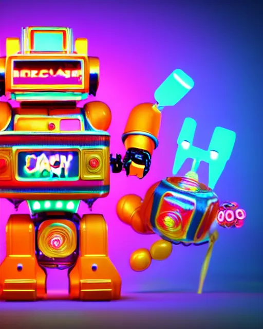 Image similar to cute elaborate epic robot, candy colors, pinball machine parts, symmetrical, in a city made of arcade machines and buildings made of candy, octane render, 3 d model, translucent, clear parts, rainbow neon lights, detailed by pokedstudio