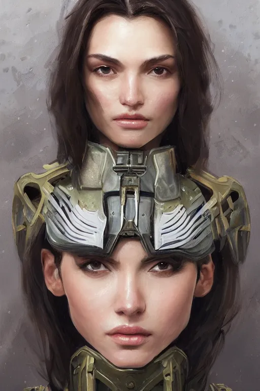 Image similar to a professionally painted portrait of an attractive young woman, clothed in military armor, olive skin, long dark hair, beautiful bone structure, symmetrical facial features, intricate, elegant, digital painting, trending on Artstation, concept art, smooth, sharp focus, illustration, from Metal Gear by Ruan Jia and Mandy Jurgens and Artgerm and William-Adolphe Bouguerea, award winning