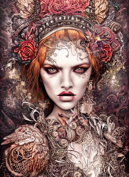 Image similar to portrait of a female model, vivid, intricate, highly detailed, smooth, digital illustration, the dark and quirky art of scott radke