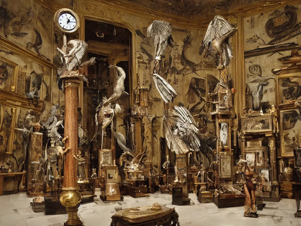 Image similar to Giant Birds and Antique Clocks and Statues of Egyptian Gods in a Baroque Salon, by Santiago Caruso and Ihor Podolchak