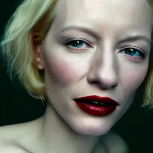 Image similar to realistic expired kodak film portrait of albino kate blanchett mix, hyperrealism, hypermaximalism, photorealistic, detailed, atmospheric, 8 k, award winning photography, cinematic