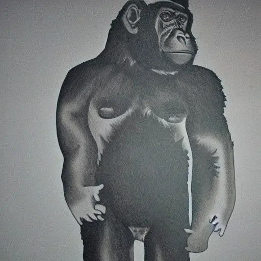 Prompt: laser projection of adult gorilla : : dark room