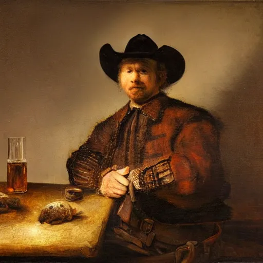 Prompt: an oil painting in the style of Rembrandt of a turtle wearing western clothing and a cowboy hat sitting in a Wild West themed saloon, surrounded by rabbits drinking whiskey