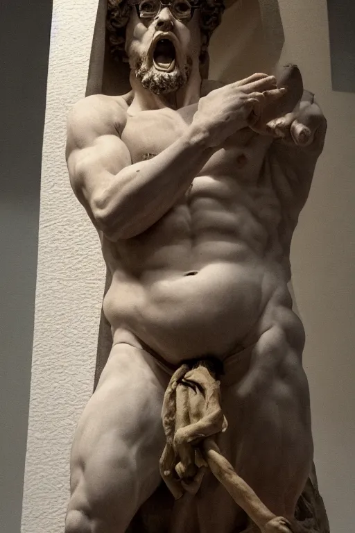 Image similar to Sam Hyde sculpted as a Greek God by Michaelangelo, sigma male, rule of thirds, award winning photo, unreal engine, studio lighting, set in Greek museum