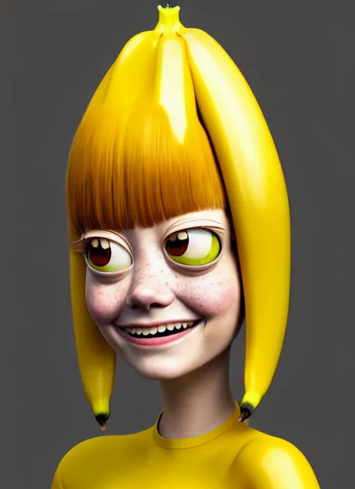 Image similar to anthropomorphic portrait of emma stone as a banana, au naturel, hyper detailed, digital art, trending in artstation, cinematic lighting, studio quality, smooth render, unreal engine 5 rendered, octane rendered, art style by klimt and nixeu and ian sprigger and wlop and krenz cushart and pixar and riot and adventuretime