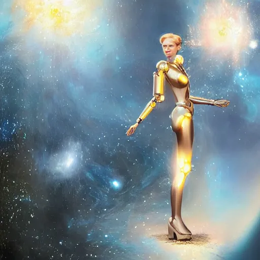 Prompt: blonde beautiful girl looks like robot floating in the cosmos with cosmic energy by tim walker and craig mullins,
