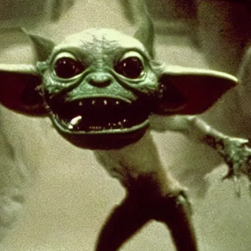 a film still of gremlin coming with its head popping