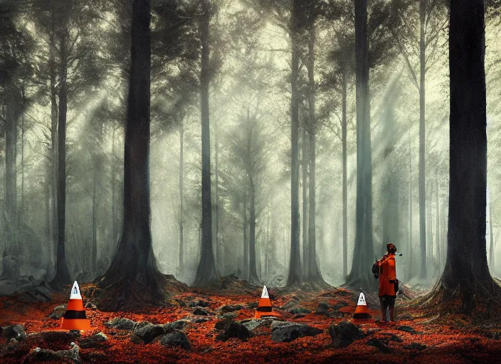 Image similar to a few orange safety cones in a beautiful strange forest, a black hair beast stands in the center distance, cinematic painting by james jean, atomspheric lighting, moody lighting, dappled light, detailed, digital art, limited color palette, wes anderson, 2 4 mm lens, surreal