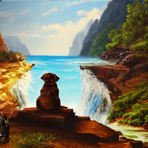 Prompt: two dogs are sitting on the a rock and looking at the bay, waterfall and fight of godzillas, oil painting, high detailed