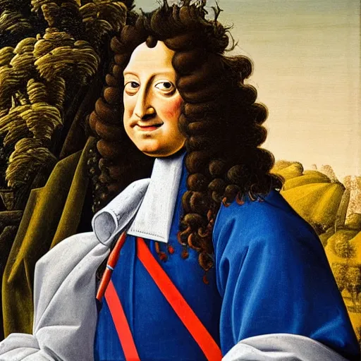 Prompt: Louis XIV wearing a Fortnite hoody, oil on canvas in the style of Botticelli