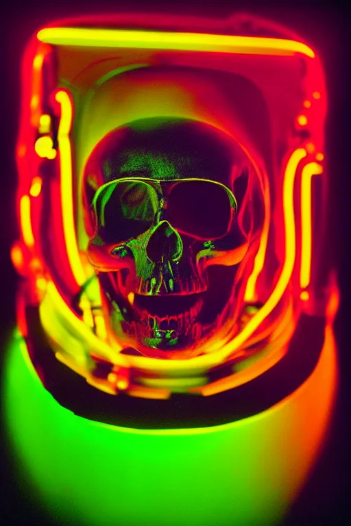 Prompt: astronaut king cobra with neon glowing skull, 1 9 6 0 s, color bleed, ektachrome photograph, volumetric lighting, f 8 aperture, cinematic eastman 5 3 8 4 film stanley kubrick