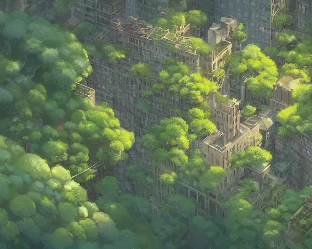 Image similar to a wholesome animation key shot of an overgrown New York covered in nature, overhead shot, wide shot, architecture, studio Ghibli, Pixar and Disney animation, sharp, very detailed, high resolution, inspired by Hayao Miyazaki, anime key art by Greg Rutkowski, Bloom, dramatic lighting