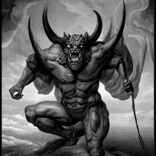 Image similar to full body, grayscale, Gustave Dore, muscled humanoid balrog beast, horns, heroic pose, swirling flames