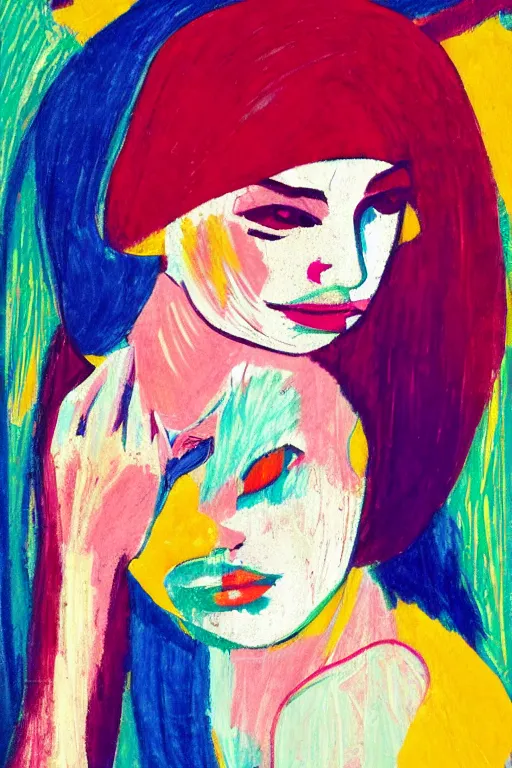 Prompt: girl portrait, abstract, rich details, balanced composition, coarse texture, concept art, visible strokes, colorful, Kirchner, Gaughan, Caulfield, Aoshima, Earle