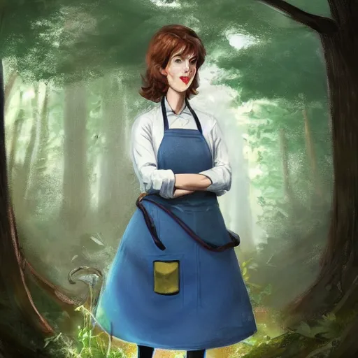 Image similar to a portrait of a 1 9 6 0 s woman with curly black hair and blue eyes, and an apron in the forest, dynamic lighting, fantasy concept art, trending on art station, stunning visuals, cinematic, ultra detailed