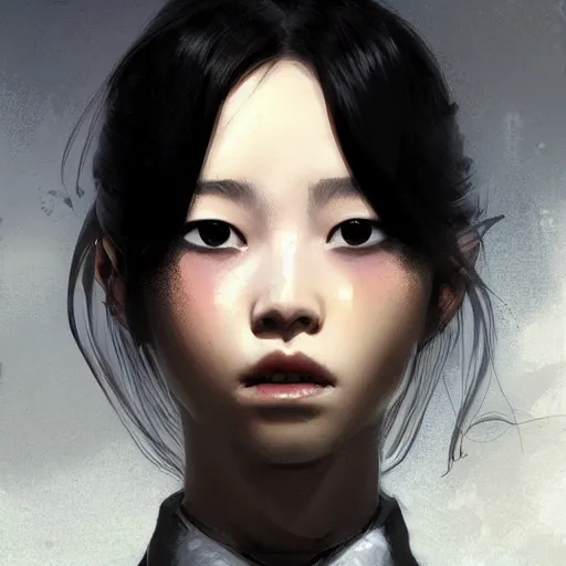 Image similar to portrait of a beautiful korean girl wearing a men's tuxedo, with bangs, very long hair and bangs, angular features, angry expression, dramatic lighting, illustration by Greg rutkowski, yoji shinkawa, 4k, digital art, concept art, trending on artstation