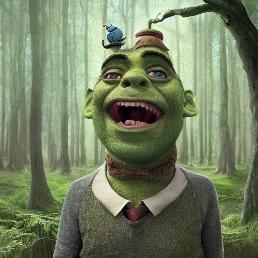 Image similar to Very very very very highly detailed epic central composition photo of Mr Bean as shrek face in the forest, intricate, extremely detailed, digital painting, smooth, sharp focus, illustration, happy lighting, incredible art by Brooke Shaden, artstation, concept art, Octane render in Maya and Houdini