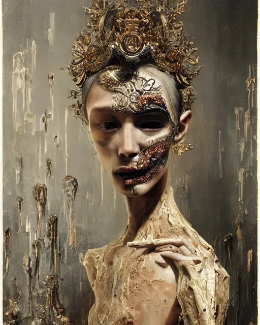 Prompt: A boney thin body girl humanoid with teared viscose clothes wearing a carved mineral mask with tiny mineral and gold incrustations, hyper detailed, insane details, intricate, elite, ornate, elegant, luxury, by Ismail inceoglu dragan bibin hans thoma greg rutkowski Alexandros Pyromallis Nekro Rene Maritte Illustrated, Perfect face, fine details, realistic shaded, fine-face, pretty face