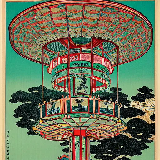 Prompt: “A carousel in the style of a woodblock print by the Japanese ukiyo-e artist Hokusai, by James jean, by yukio shimizu”