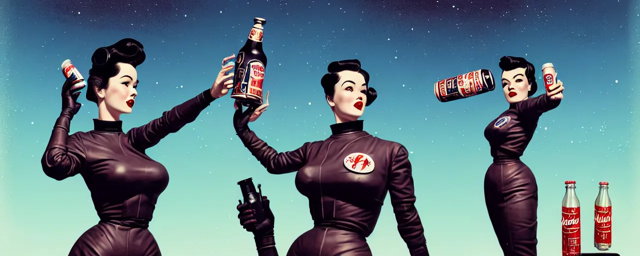 Image similar to duotone noir retrofutiristic concept illustration 3 / 4 portrait of vintage female fallout 4 model black haired in space suit advertising bottle of nuka cola. pinup style accidental renaissance. by sachin teng and sergey kolesov and ruan jia and heng z. graffiti art, scifi, fantasy, hyper detailed. octane render. trending on artstation