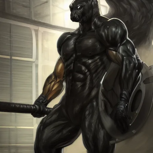 Image similar to splash art of a hyper - muscular black - coated anthropomorphic horse character in a research facility wearing a combat kevlar outfit, long hair, exaggerated muscles, highly detailed, furry, furaffinity, digital painting, artstation, sharp focus, illustration, art by artgerm, greg rutkowski, alphonse mucha