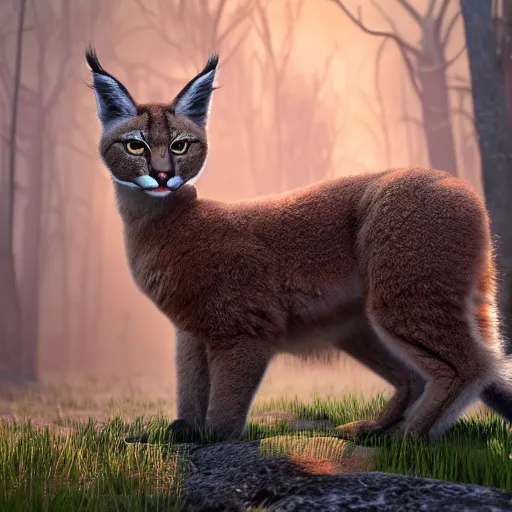 Prompt: cute fluffy caracal in surreal burning forest beautiful 4 k hyperrealistic artstation trending ray traced unreal engine detailed high resolution high detail drawn by peter michaels michaels mackentire and ronaldo swansonjohnson