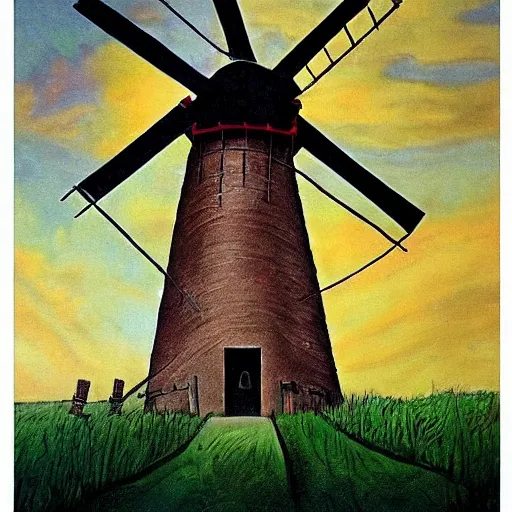 Image similar to painting of a windmill by dr seuss | horror themed | creepy