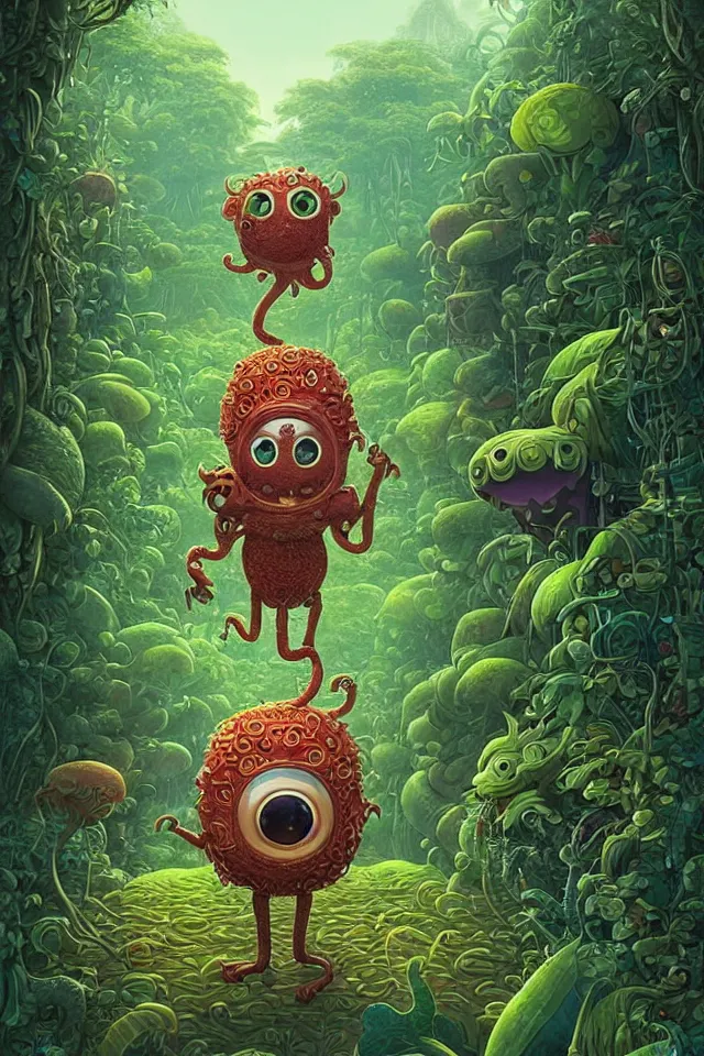 Prompt: an intricate cute monster, taking a walk, lush jungle, a hut in the background, by kokaris, naoto hattori, moebius and android jones