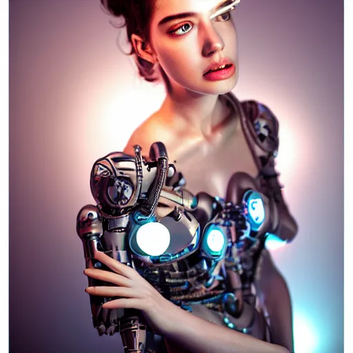 Prompt: beautiful Fine art photo portrait of enraptured Sarah Mcdaniel as a solarpunk robotic goddess, white mechanical parts with led lights, photorealistic, white background, highly detailed and intricate, studio lighting, HDR 8k