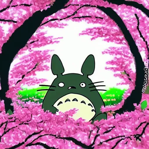 Image similar to Totoro in a cherry blossom field ghibli theme