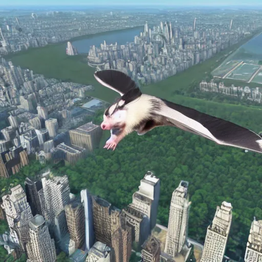 Image similar to a Virginia opossum with large wings flying over Central Park, photorealistic, unreal engine —width 1024