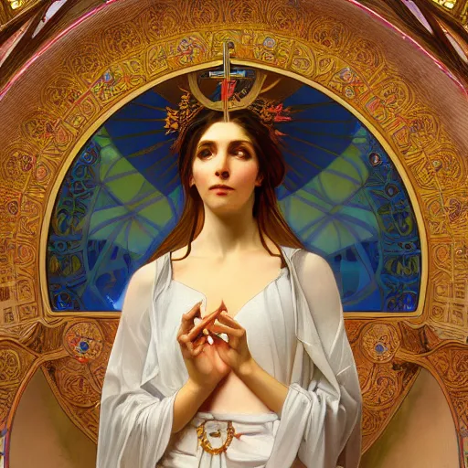 Image similar to a Portrait of A goddess in a church with a holy light emanating from her body by greg rutkowsk and alphonse mucha,In style of WLOP.digital art illustration.hyper detailed,smooth, sharp focus,trending on artstation,4k