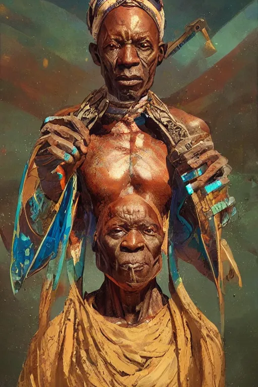 Image similar to a full body sci-fi portrait, oil painting, illustration of an old African Jedi, colourful, by Justin Sweet and Greg Rutkowski and Alphones Much