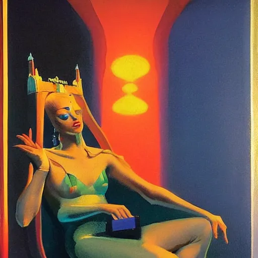 Image similar to an oil painting of a queen in a thierry mugler dress sitting on a throne, by bruce pennington, by ( ( ( eyvind earle ) ) ), nicholas roerich!!, by frank frazetta, by georgia o keeffe, by dean cornwell!!!