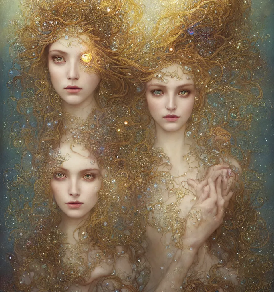 Image similar to Beautiful Delicate Detailed portrait of sun summer woman, With Magical golden eyes by Tom Bagshaw, Bastien Lecouffe Deharme, Erik Johansson, Amanda Sage, Alex Grey, Alphonse Mucha, Harry Clarke, Josephine Wall and Pino Daeni, Delicate winter frozen creature With long golden Hair and Magical Sparkling Eyes, Magic Particles; Magic Swirls, in a out of this world magical summer landscape, 4K; 64 megapixels; 8K resolution concept art; detailed painting; digital illustration; hyperrealism; trending on Artstation; Unreal Engine Photorealistic, lifelike, Unreal Engine, sharp, sharpness, detailed, 8K