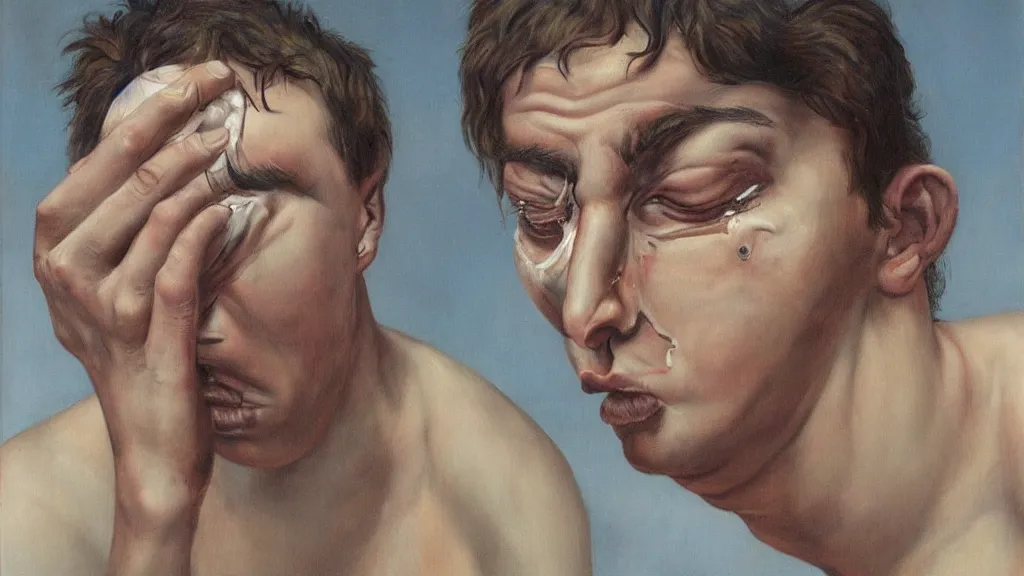 Prompt: surrealism lacking portrait of a crying young dude 2 7 years old, with violence