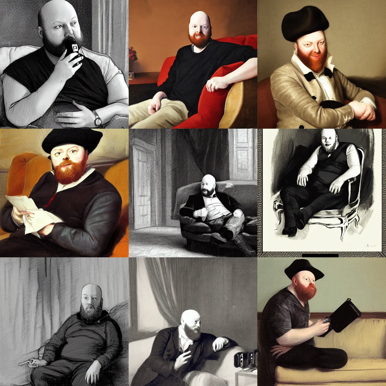 Prompt: playful portrait of angriestpat sitting on a couch, talking into a recording mic by joseph ducreux