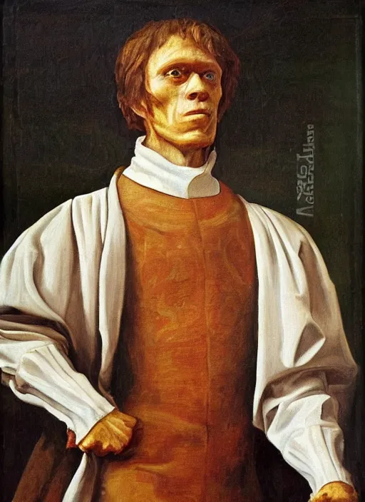 Prompt: flattering regal painting of willem dafoe, renaissance oil painting, studious