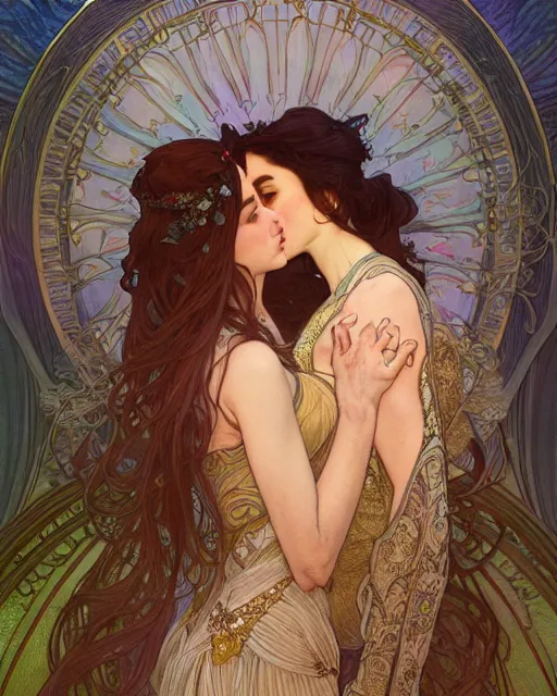 Prompt: the kiss | highly detailed | very intricate | art nouveau | gold filigree | romantic storybook fantasy | soft cinematic lighting | award - winning | professional portraiture | disney concept art watercolor illustration by mandy jurgens and alphonse mucha and alena aenami | pastel color palette | featured on artstation