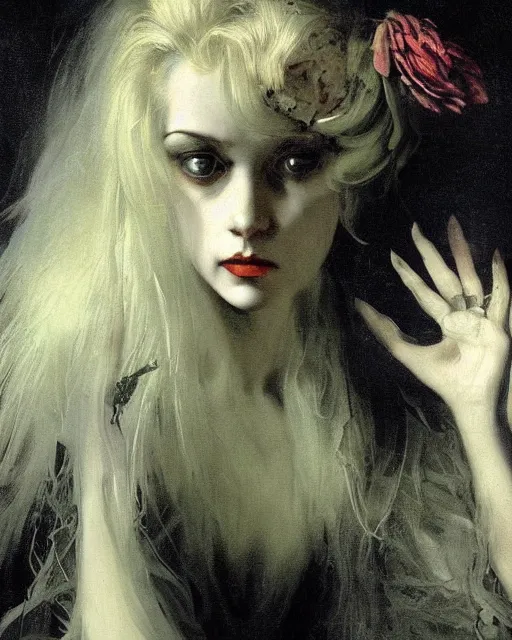 Prompt: a beautiful and eerie baroque painting of a gorgeous but sinister woman in layers of fear, with haunted eyes and wild blonde hair, 1 9 7 0 s, seventies, floral wallpaper, wilted flowers, a little blood, morning light showing injuries, delicate embellishments, painterly, offset printing technique, by brom, robert henri, walter popp